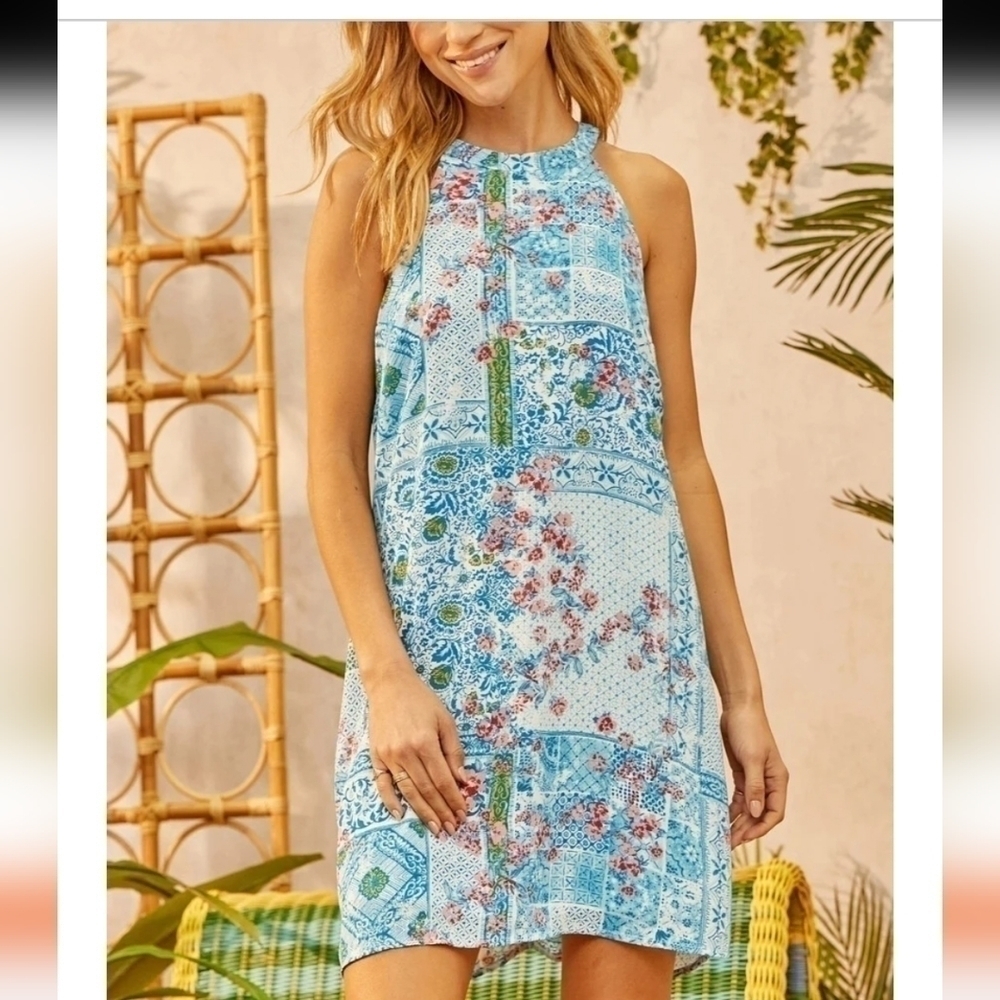 NWT EMILY WONDER HALTER NECK FLORAL BOHO CHIC MINIDRESS SIZE SMALL